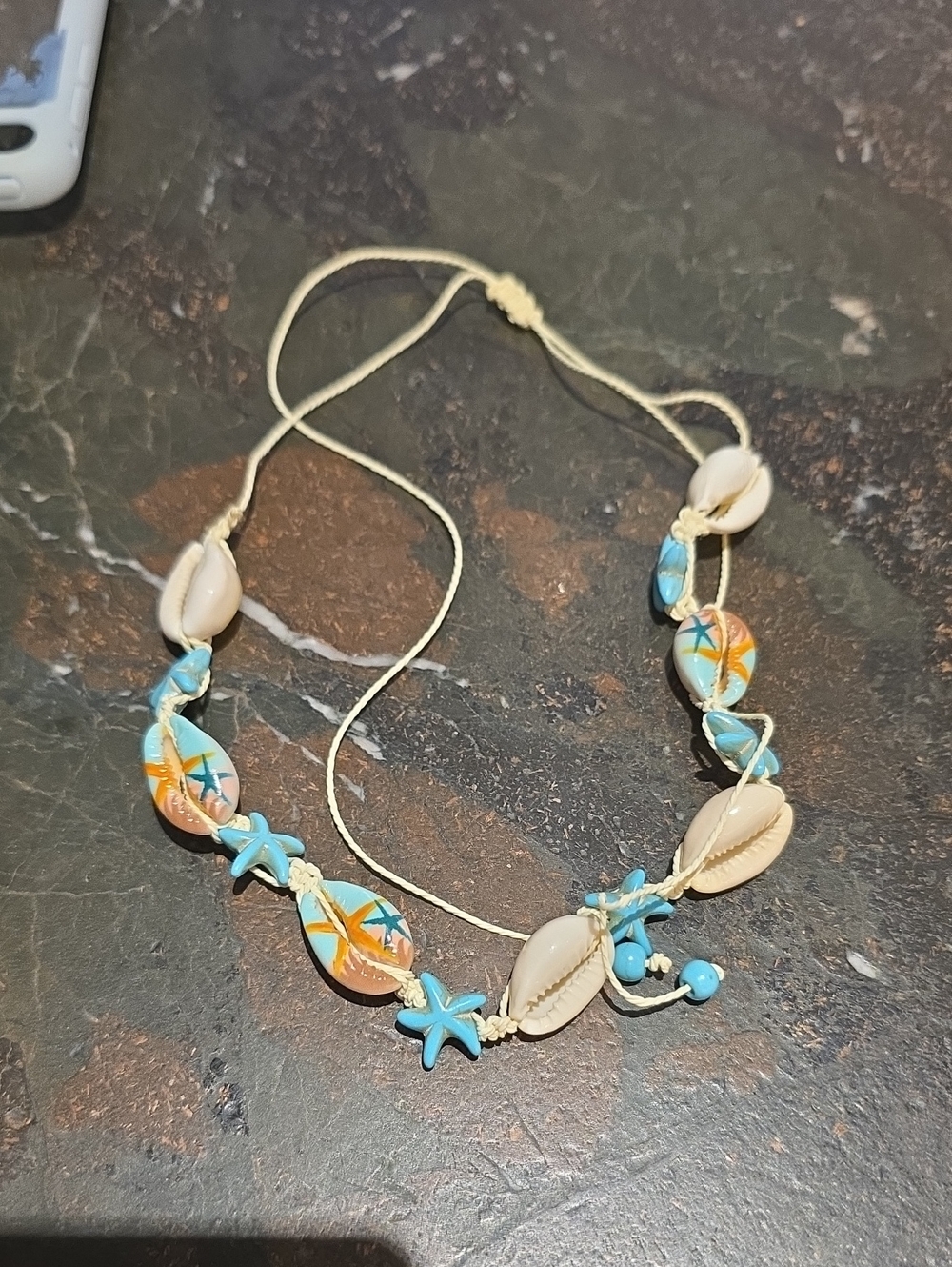 Hand-Painted Blue & Cream Seashell Necklace - Women Jewelry